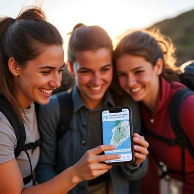 Lidé sdílející fotografie z túry na mobilním telefonu