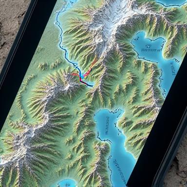 Topografická mapa zobrazující hory a terén na displeji
